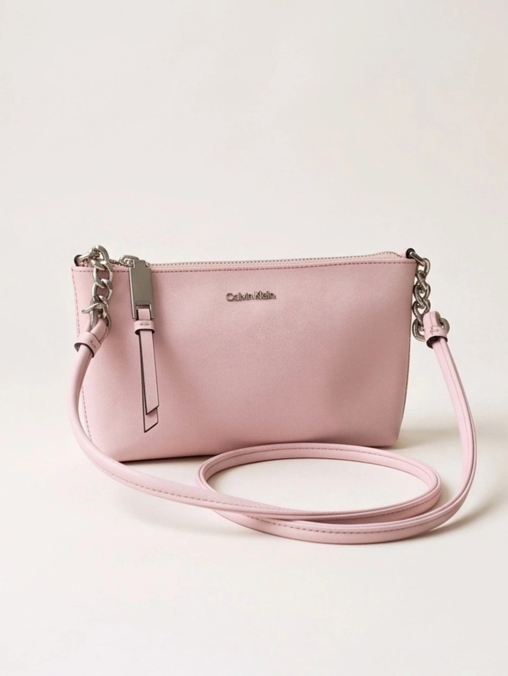 Calvin Klein Pink Saffiano Crossbody Bag – Silver Chain Detail